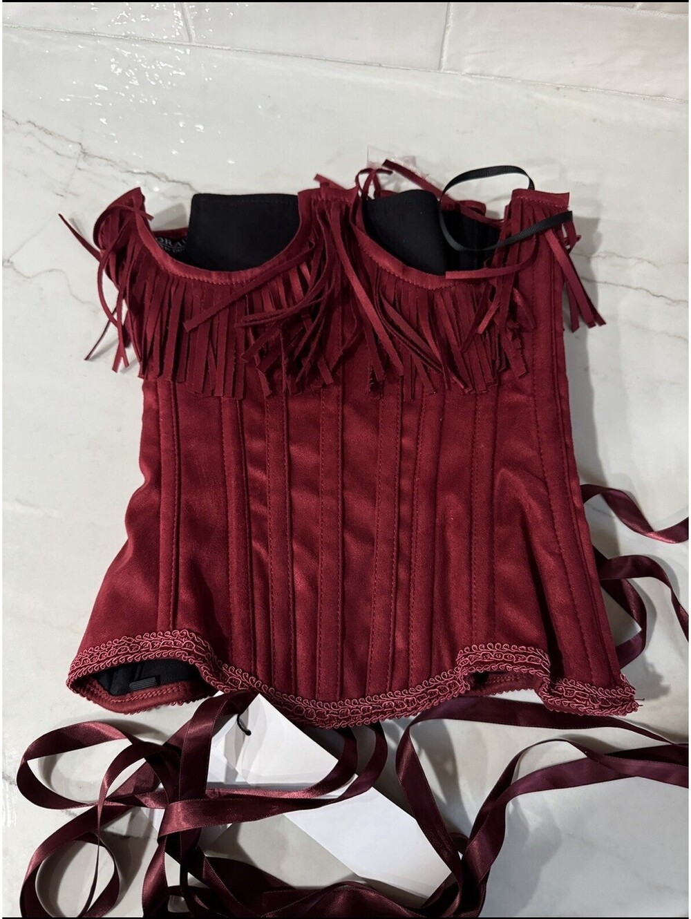 Daisy Corsets Top Drawer Red Suede Underwire Underbust Corset Cincher Fringe XS